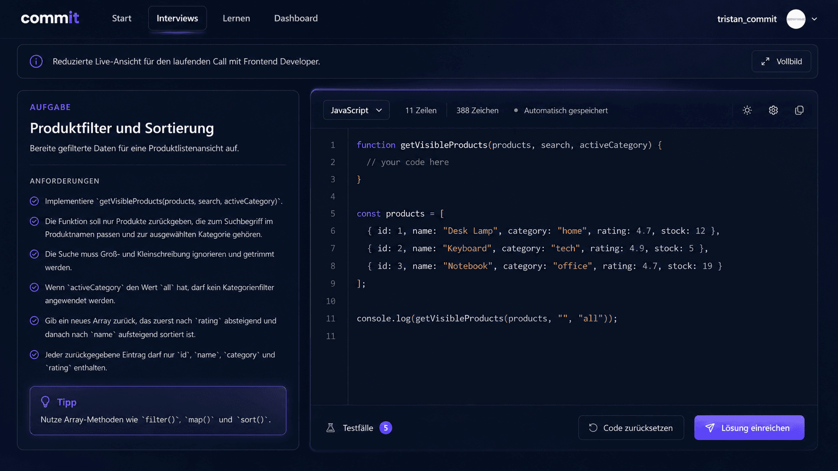 Coding-Challenge mit Aufgabenstellung, Editor und Ausführen-Schaltfläche